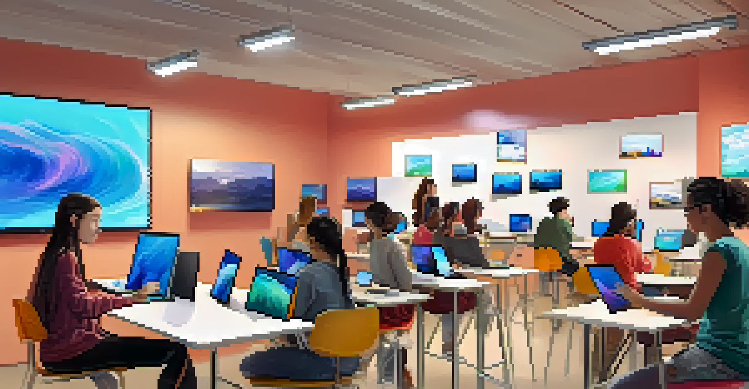 Teenagers engaged in a digital art class, using tablets and laptops to create artwork in a modern classroom.