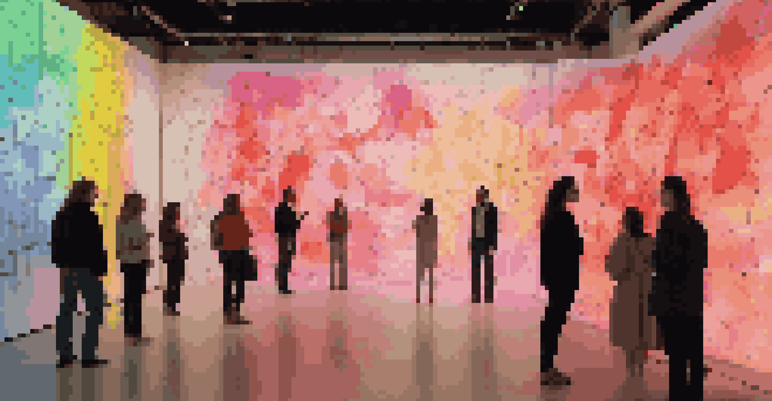 An art gallery with large projections of changing data-driven art, illuminated by soft ambient lighting.