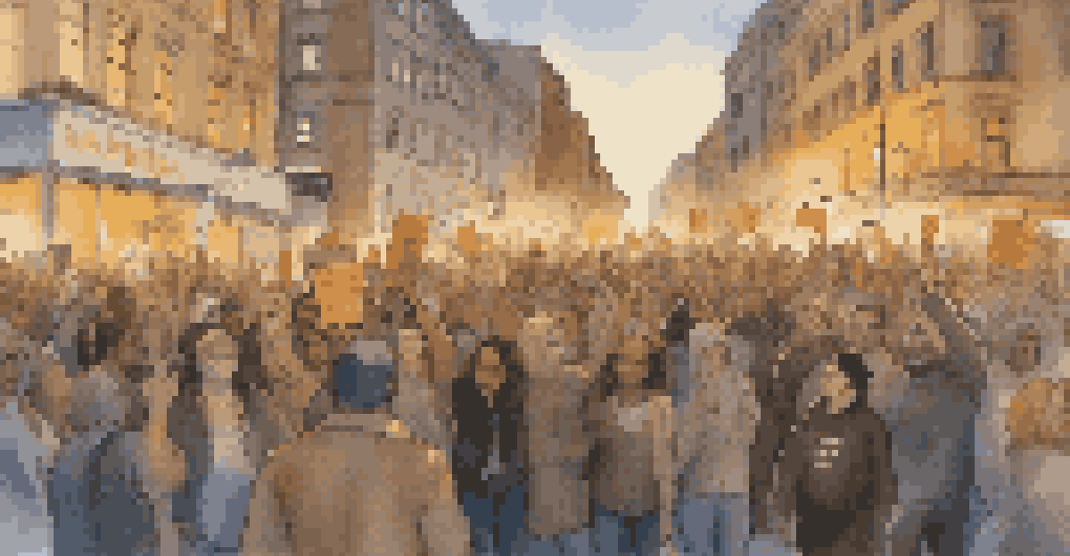 A lively protest scene in a city square with diverse individuals holding signs, illuminated by soft twilight lighting.