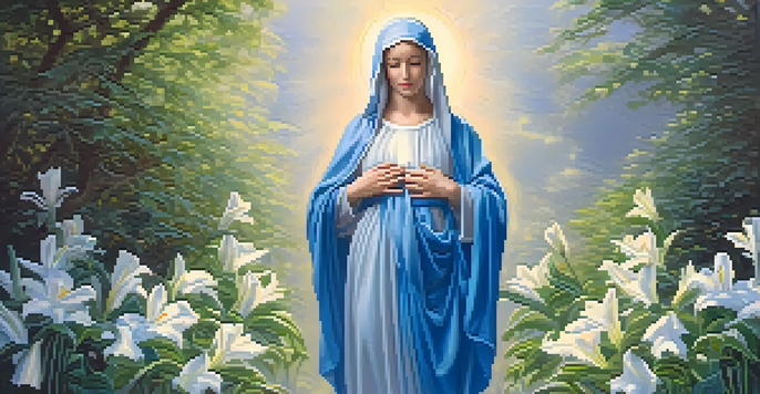A peaceful image of the Virgin Mary in a garden, wearing blue robes, with raised hands in prayer and sunlight illuminating her face.