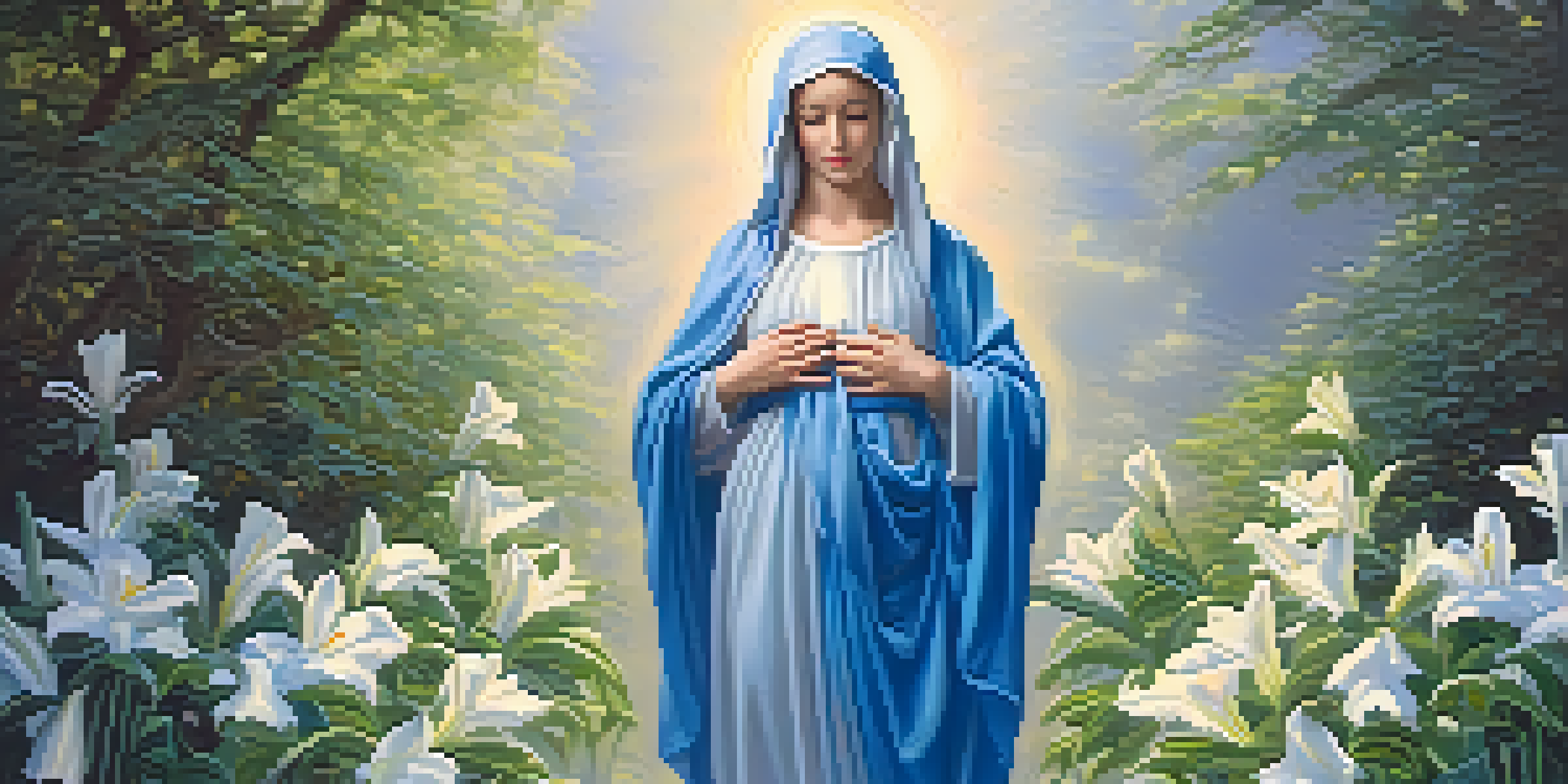 A peaceful image of the Virgin Mary in a garden, wearing blue robes, with raised hands in prayer and sunlight illuminating her face.