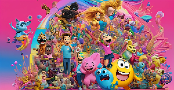 A colorful digital collage featuring various meme characters in a spiral layout against a bright gradient background.