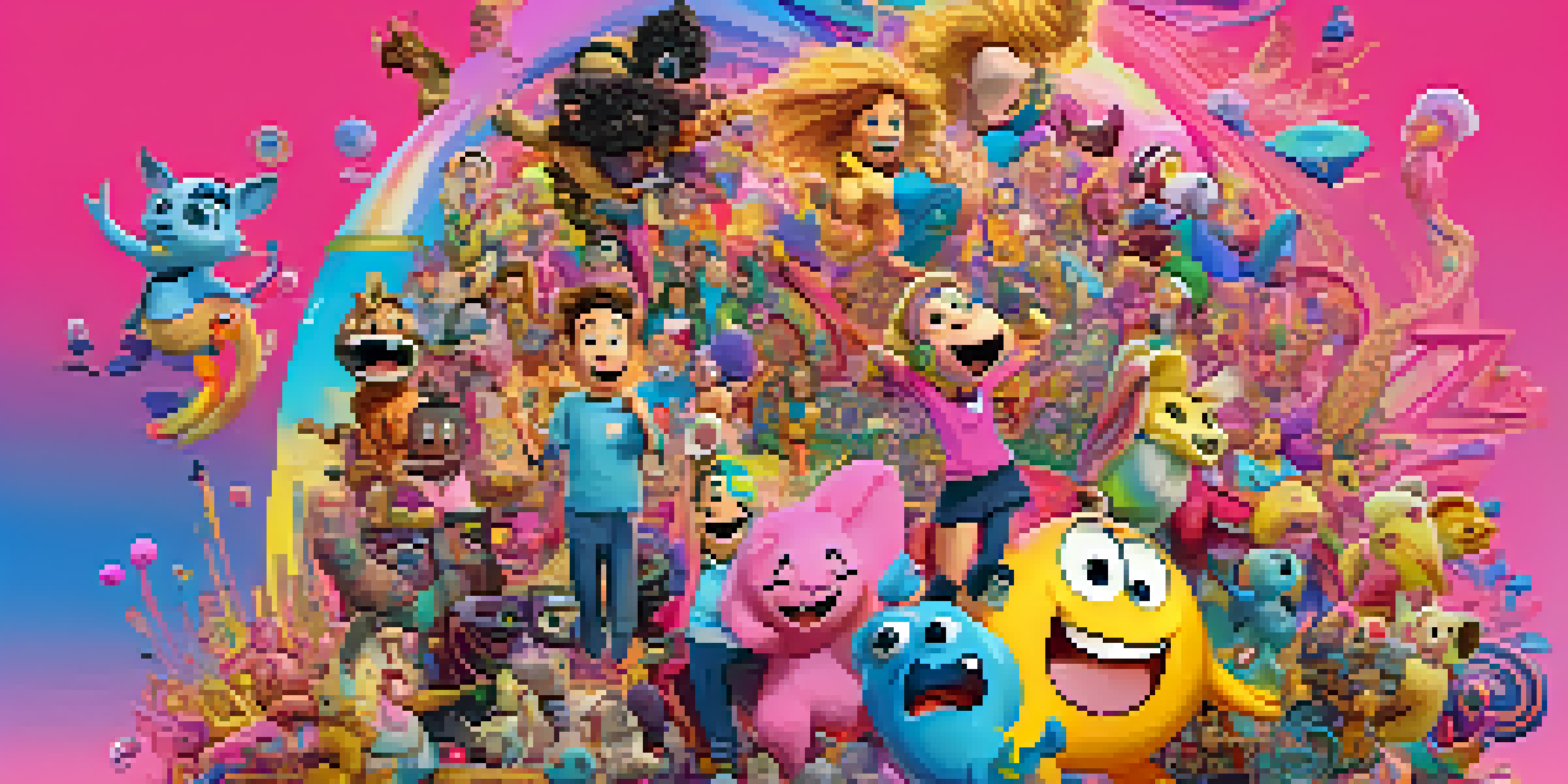 A colorful digital collage featuring various meme characters in a spiral layout against a bright gradient background.