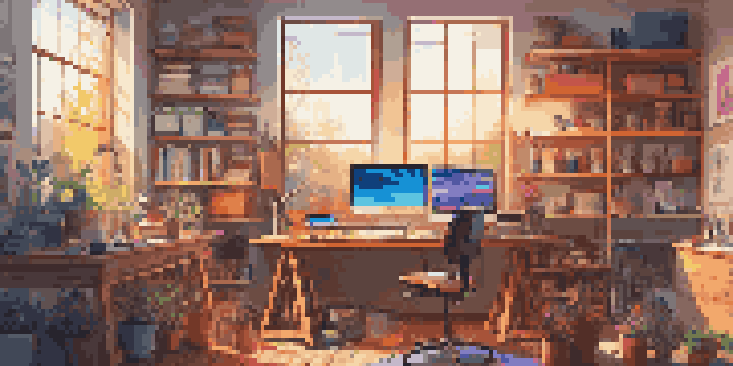 A digital artist's studio with traditional brushes and a computer displaying graphic software, illuminated by natural light.