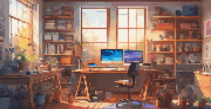 A digital artist's studio with traditional brushes and a computer displaying graphic software, illuminated by natural light.