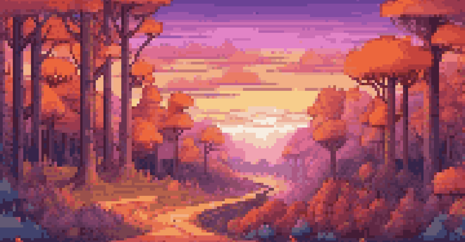 A serene pixelated forest during sunset with colorful trees, a winding path, and pixel animals like foxes and rabbits in a warm sky.