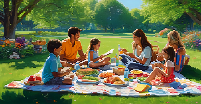 A lively family picnic in a sunny park with children drawing on paper, surrounded by food and nature.
