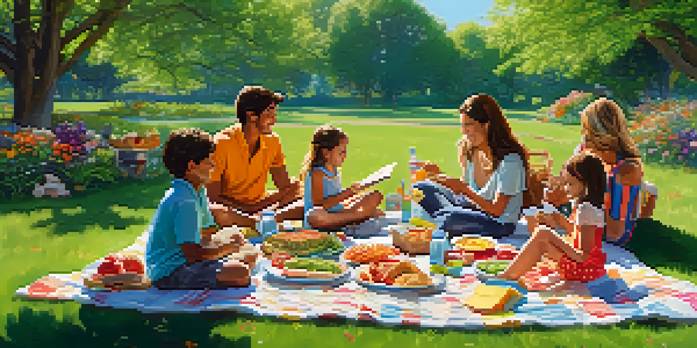 A lively family picnic in a sunny park with children drawing on paper, surrounded by food and nature.