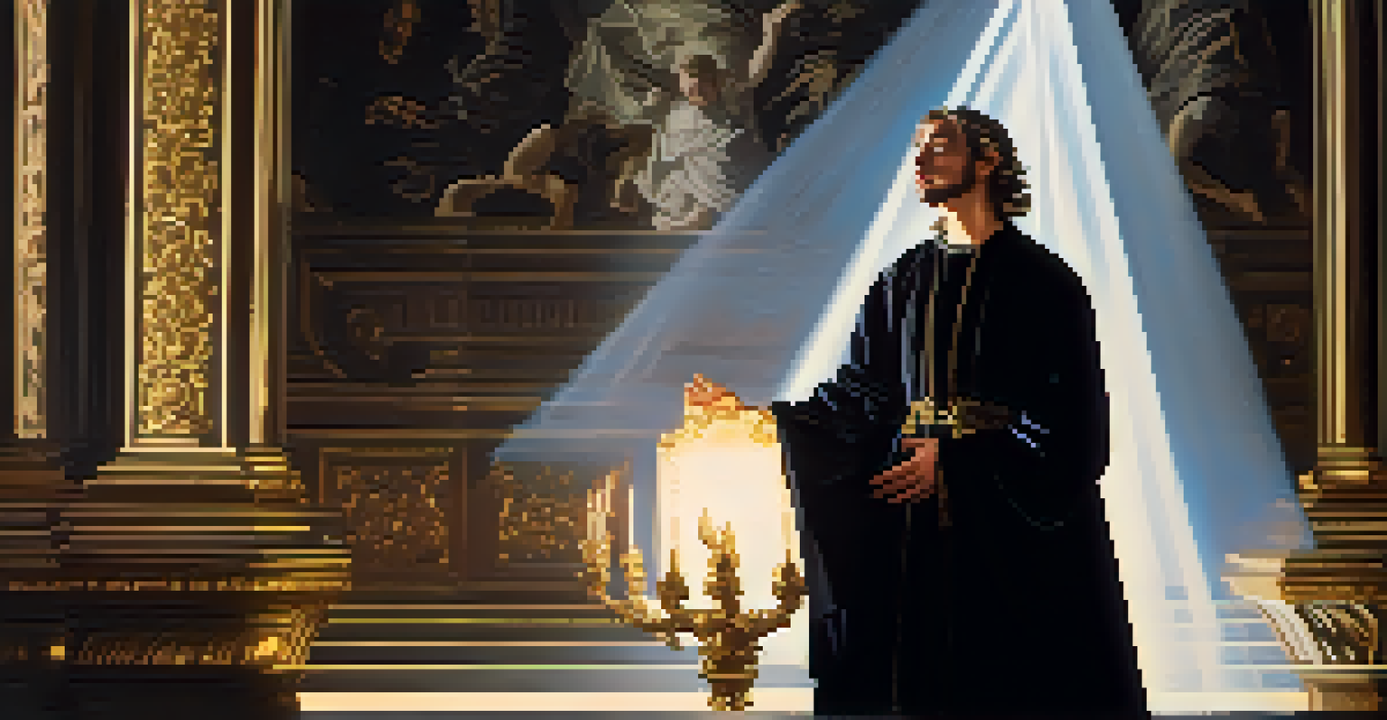 A dramatic Baroque scene with a religious figure illuminated by light, surrounded by shadows and intricate architectural elements.