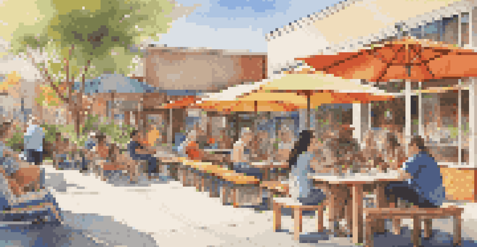 A vibrant outdoor space with a community mural and colorful seating.