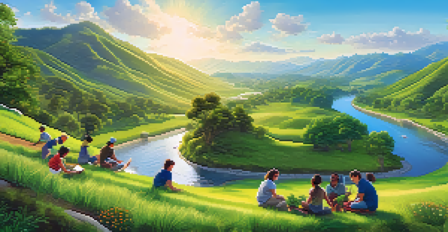 A digital artwork showing people planting trees in a lush landscape, representing community action against climate change.