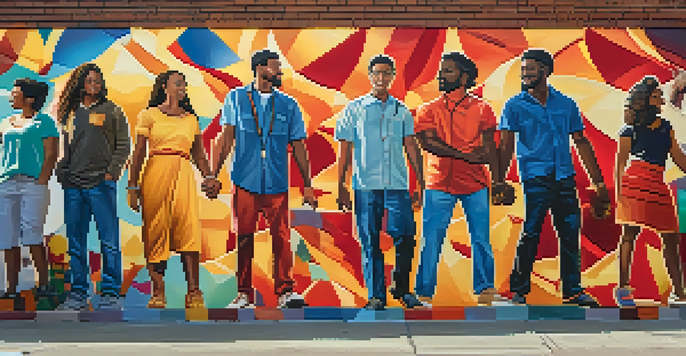 A colorful mural showing diverse activists holding hands, surrounded by an urban setting illuminated by warm golden hour light.