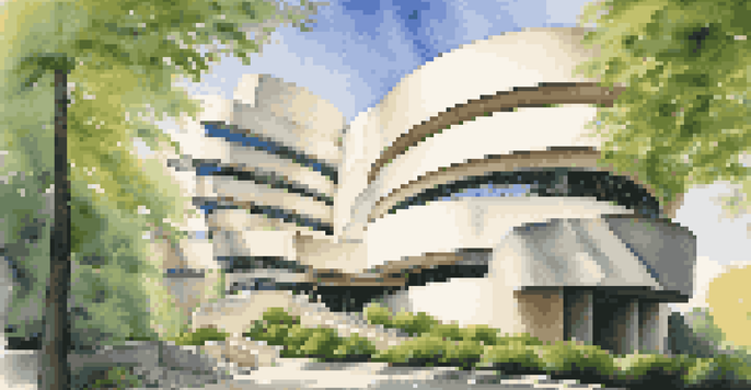 A view of the Guggenheim Museum in New York, highlighting its spiraling design with natural light and shadows, surrounded by greenery.