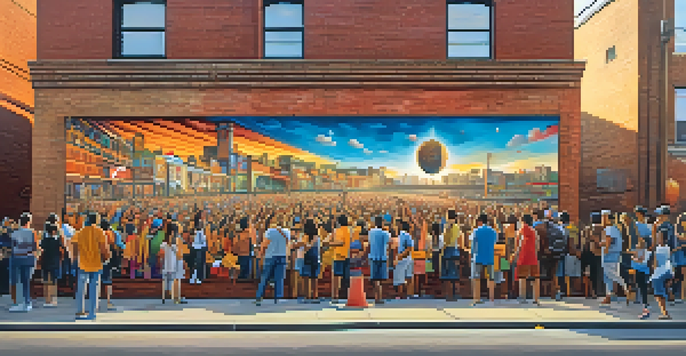 A colorful street mural reflecting cultural unity, with diverse people admiring it in an urban setting during sunset.