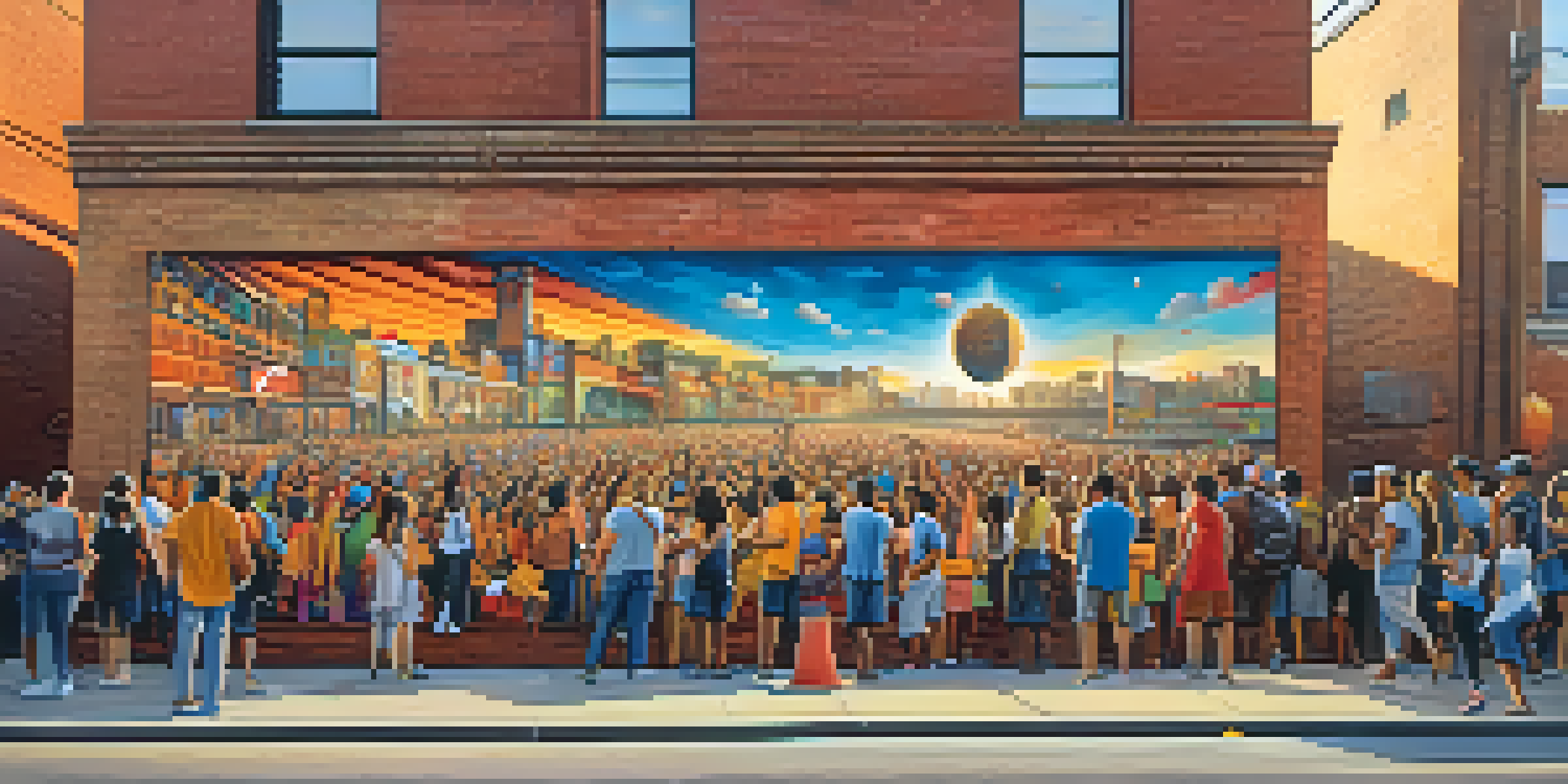 A colorful street mural reflecting cultural unity, with diverse people admiring it in an urban setting during sunset.