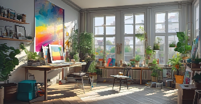 A digital art studio with an artist working on a colorful canvas, filled with art supplies and framed artworks, illuminated by natural light.