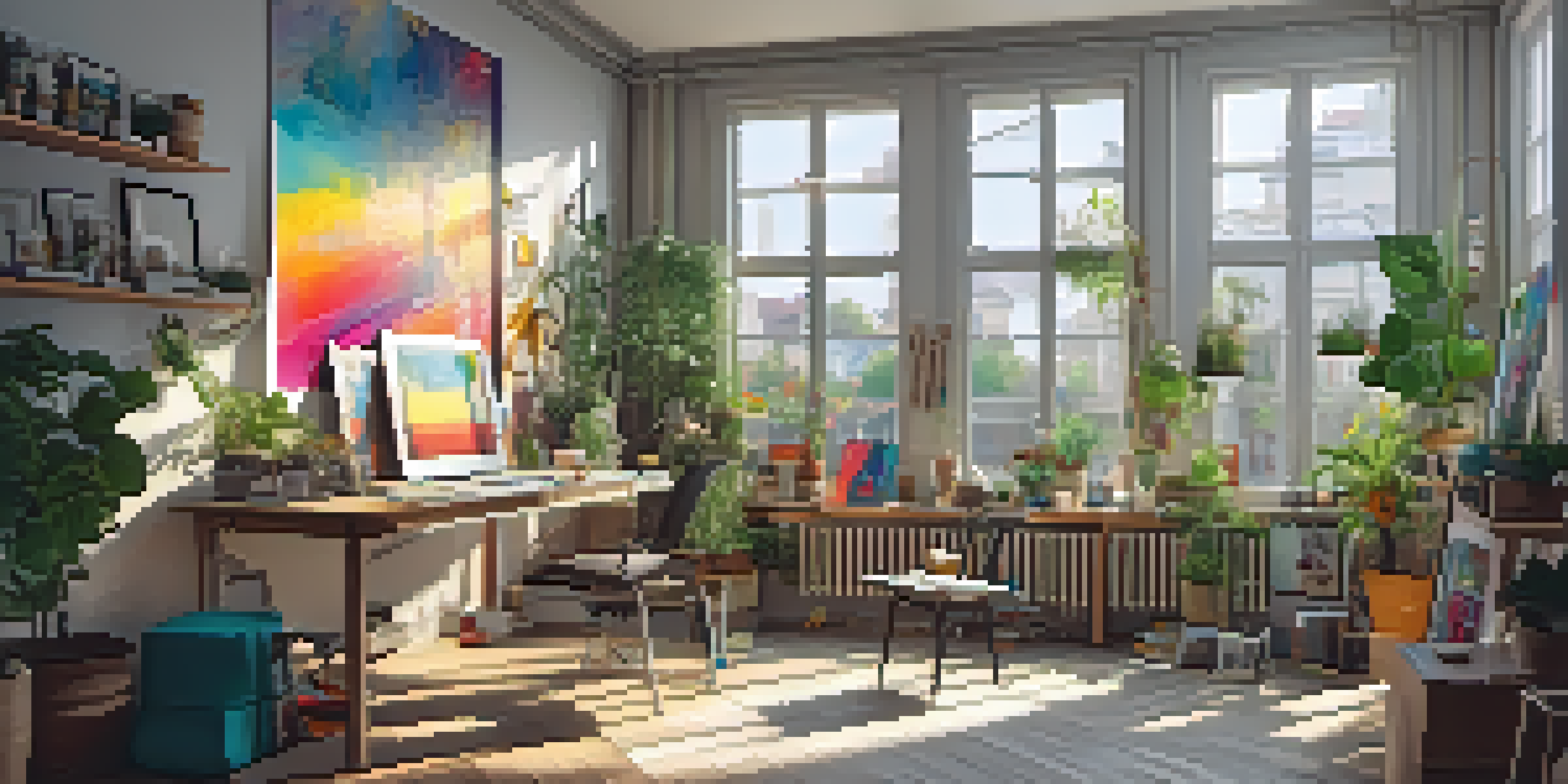 A digital art studio with an artist working on a colorful canvas, filled with art supplies and framed artworks, illuminated by natural light.