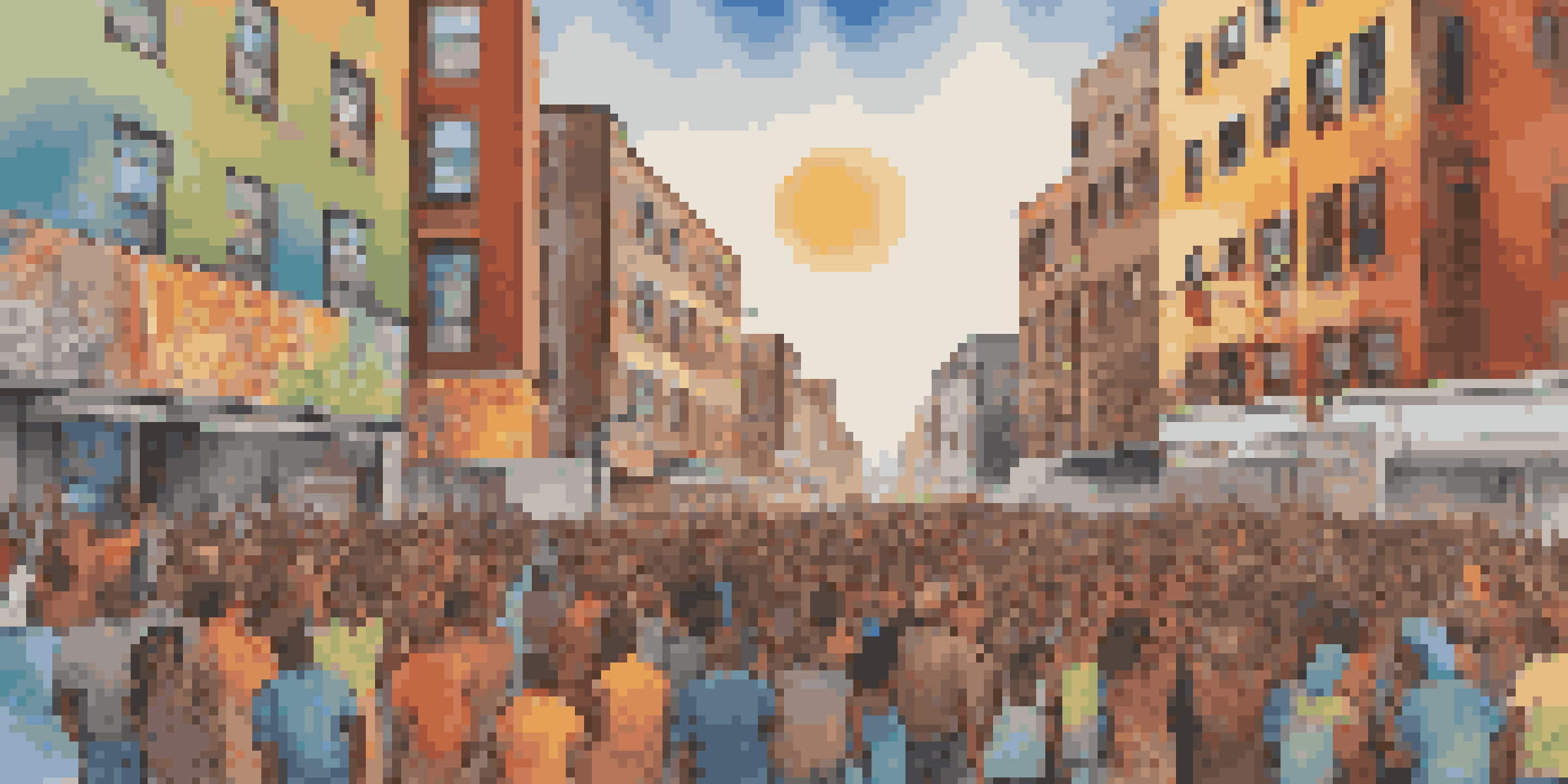 A colorful mural showcasing a diverse group of people holding hands in solidarity during a peaceful protest, surrounded by urban buildings.