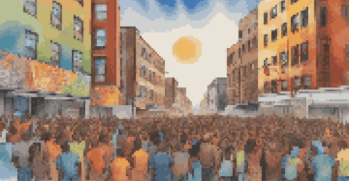 A colorful mural showcasing a diverse group of people holding hands in solidarity during a peaceful protest, surrounded by urban buildings.