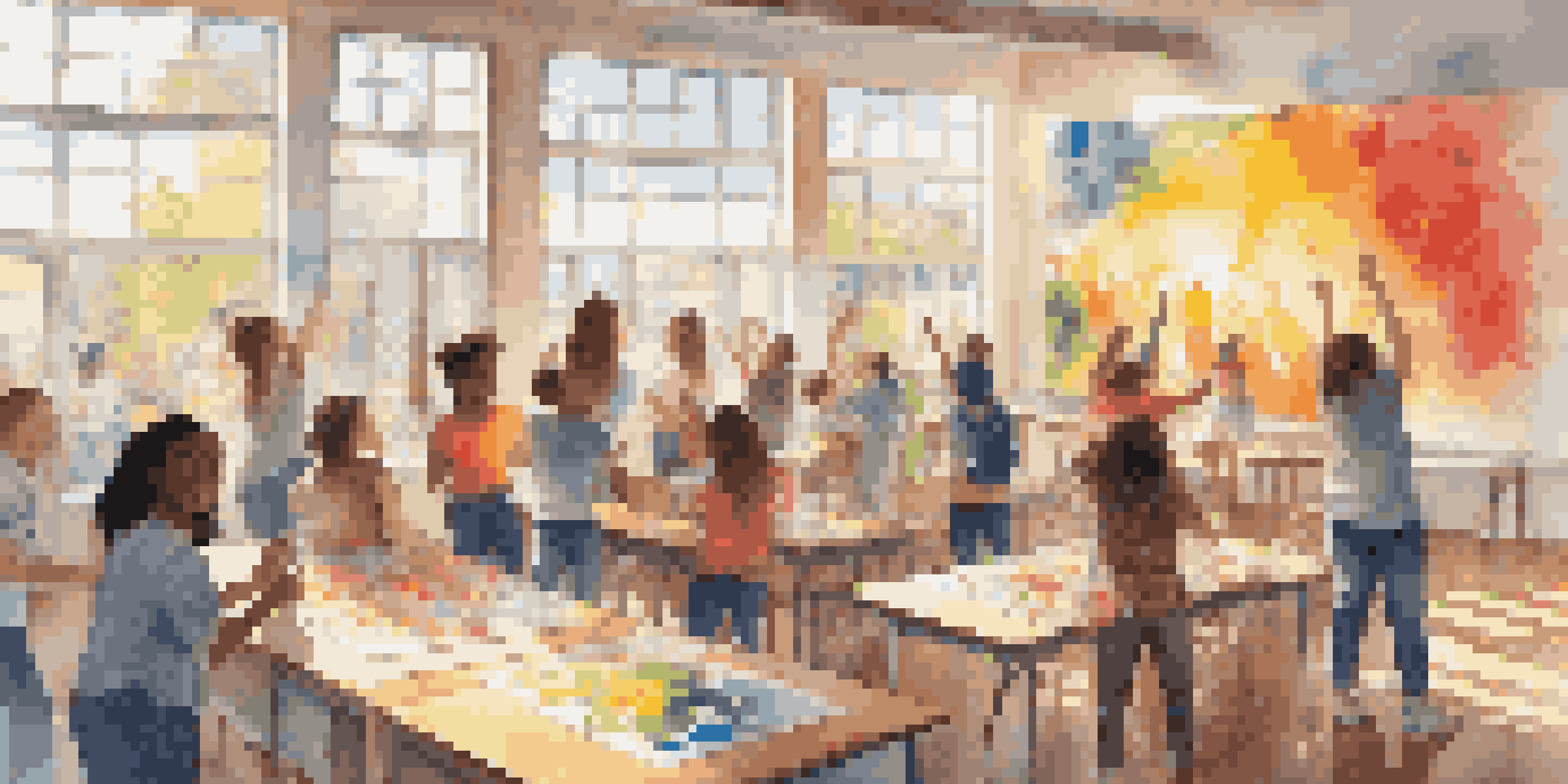 A lively classroom with students of different ethnicities working together on a colorful mural, bathed in natural light.