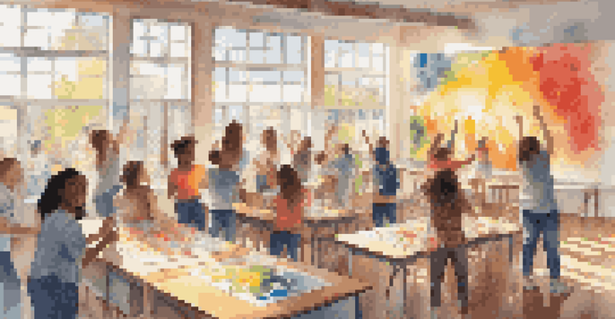 A lively classroom with students of different ethnicities working together on a colorful mural, bathed in natural light.