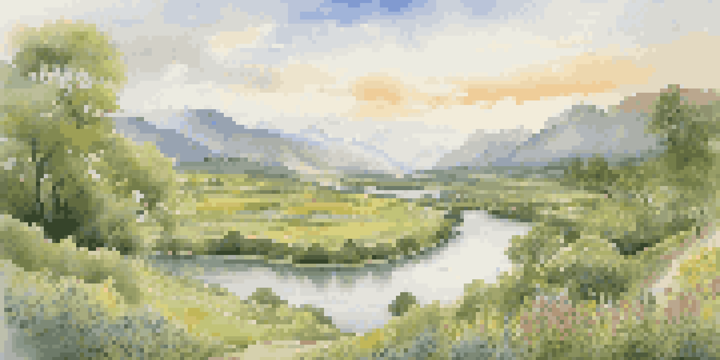 A vibrant green valley with a river and folklore-inspired sculptures, illuminated by soft golden sunlight and surrounded by mountains.