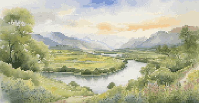 A vibrant green valley with a river and folklore-inspired sculptures, illuminated by soft golden sunlight and surrounded by mountains.