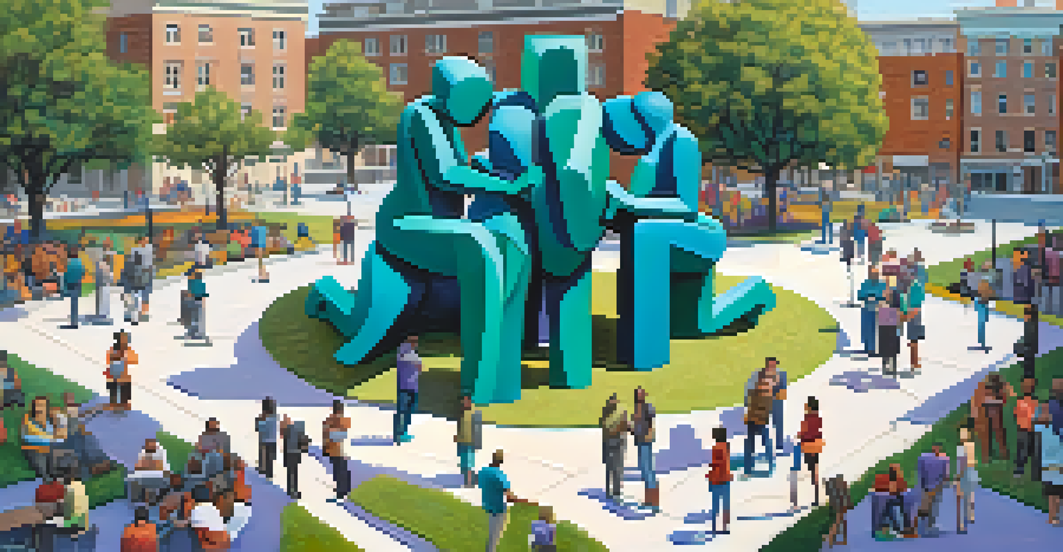 A large supportive sculpture in a public square with people gathering around it, promoting mental health awareness with calming colors.