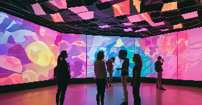A colorful digital art installation with interactive projections and ambient lighting, where visitors engage with the artwork.