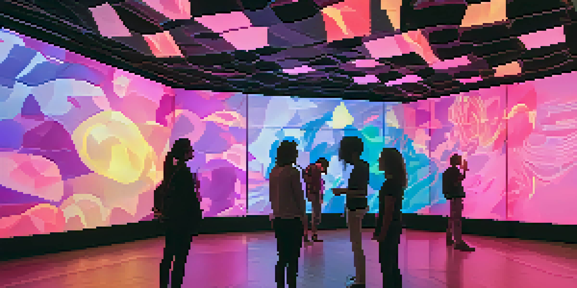 A colorful digital art installation with interactive projections and ambient lighting, where visitors engage with the artwork.