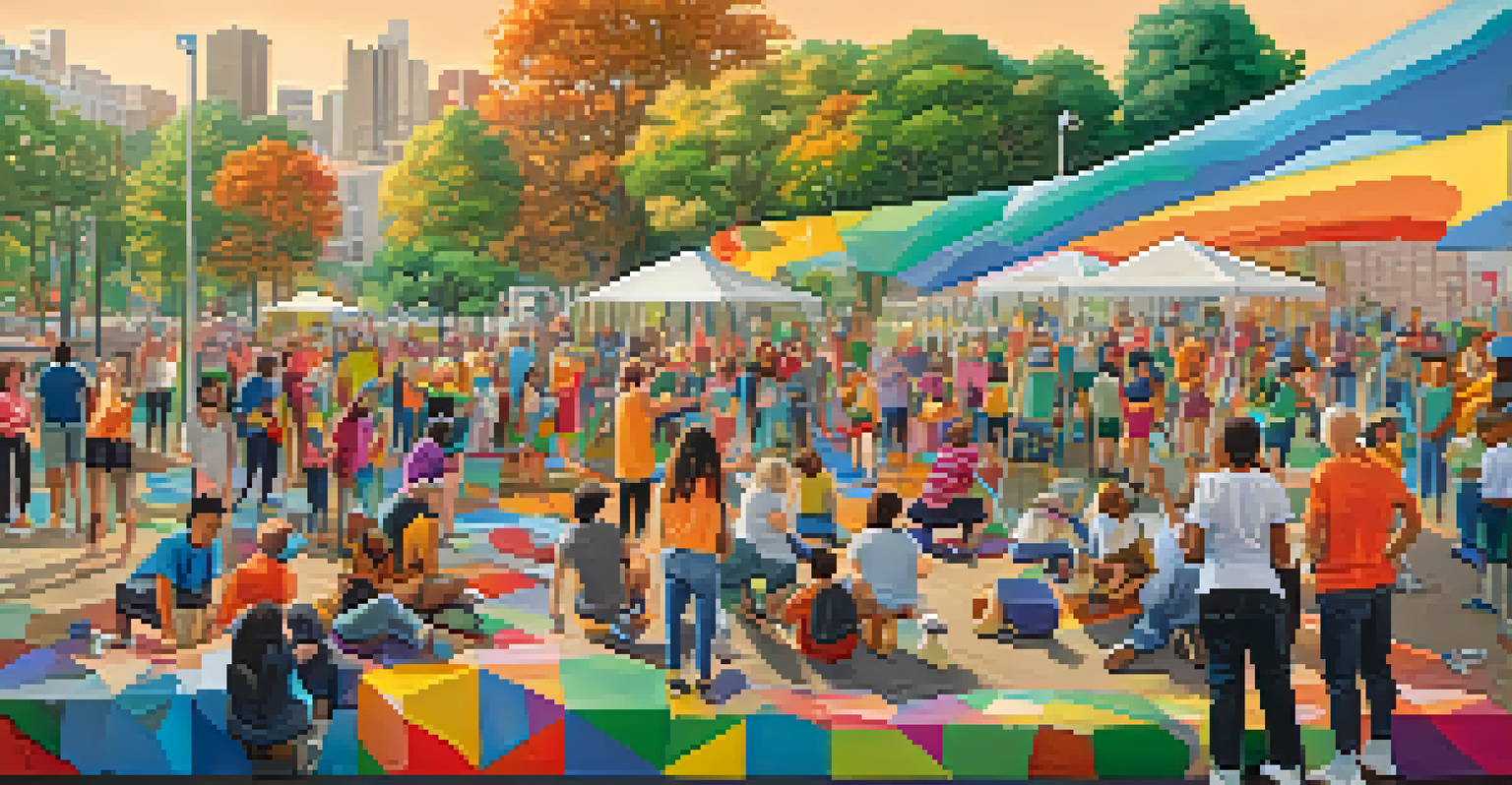 A diverse group of people painting a large, colorful mural in a park, promoting themes of mental health and community.