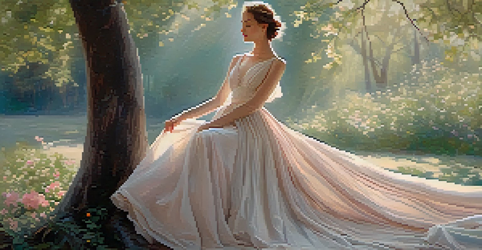 A model in a flowing pastel gown in a natural setting filled with blooming flowers, illuminated by soft sunlight, reflecting the Romantic era's emphasis on emotion.