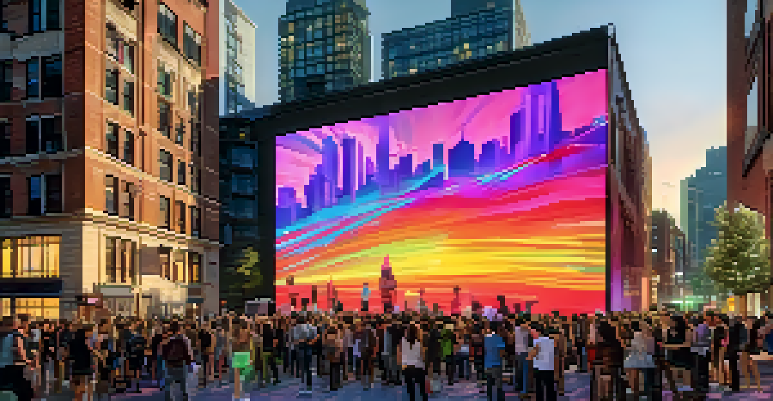 A digital art installation projected on a building in a city, with animated colors attracting a crowd at dusk.