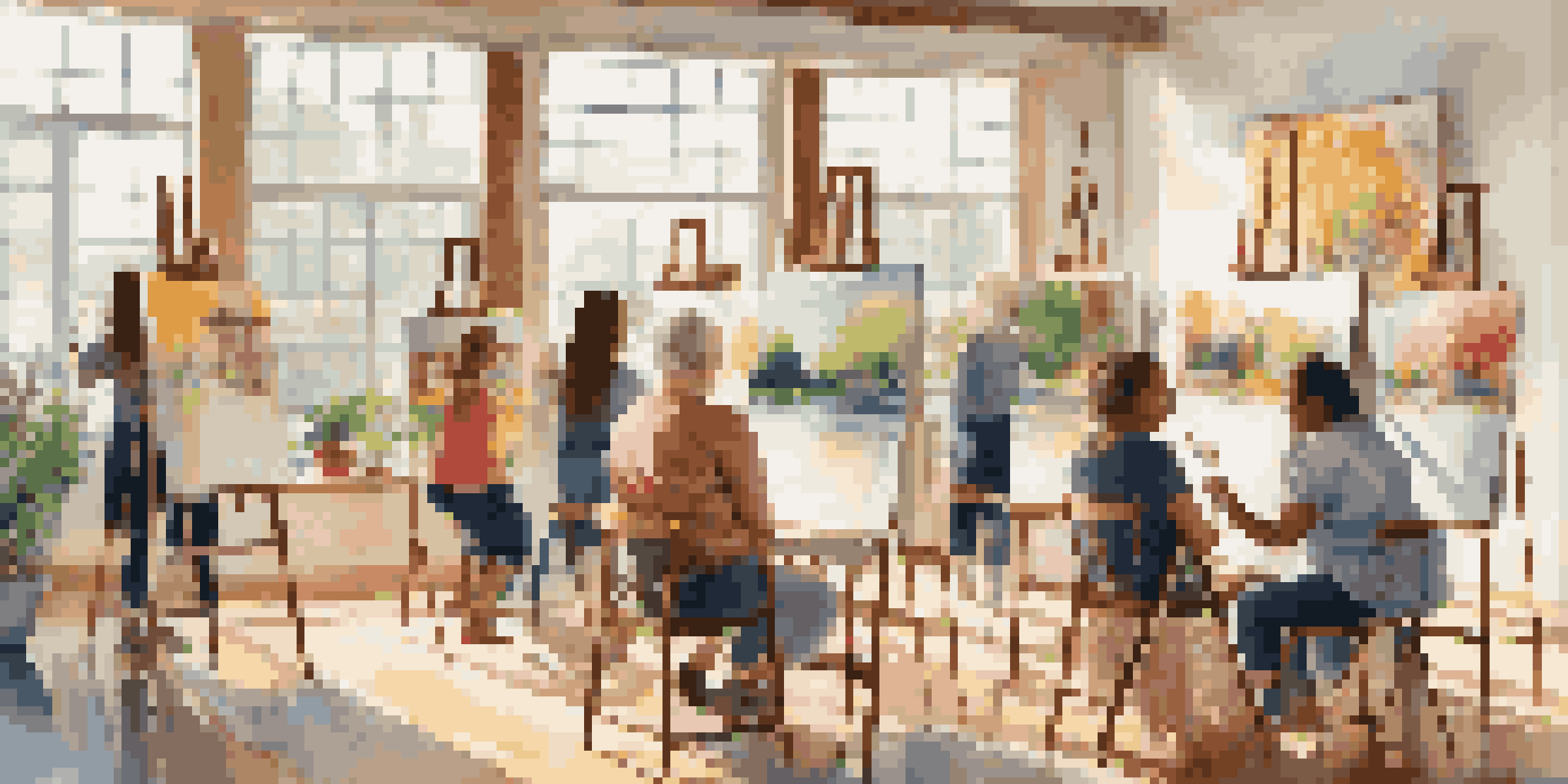 A diverse group of individuals in a bright art studio, painting on easels with colorful artworks around them, illuminated by natural sunlight.