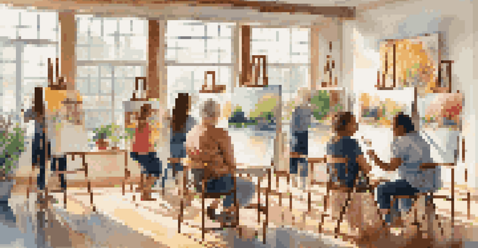 A diverse group of individuals in a bright art studio, painting on easels with colorful artworks around them, illuminated by natural sunlight.