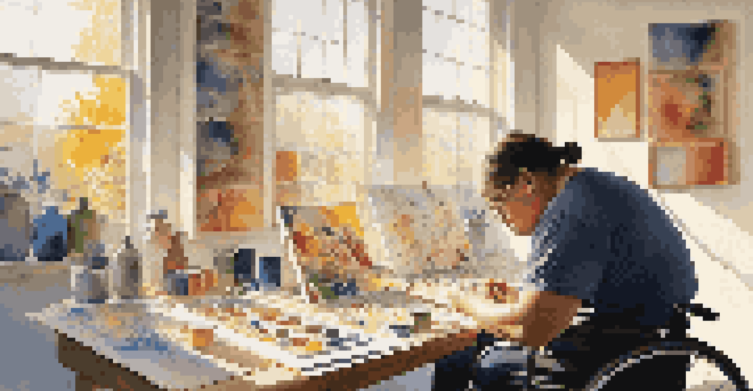An artist with a disability painting in a sunlit studio, with a canvas showcasing abstract shapes and art supplies around them.