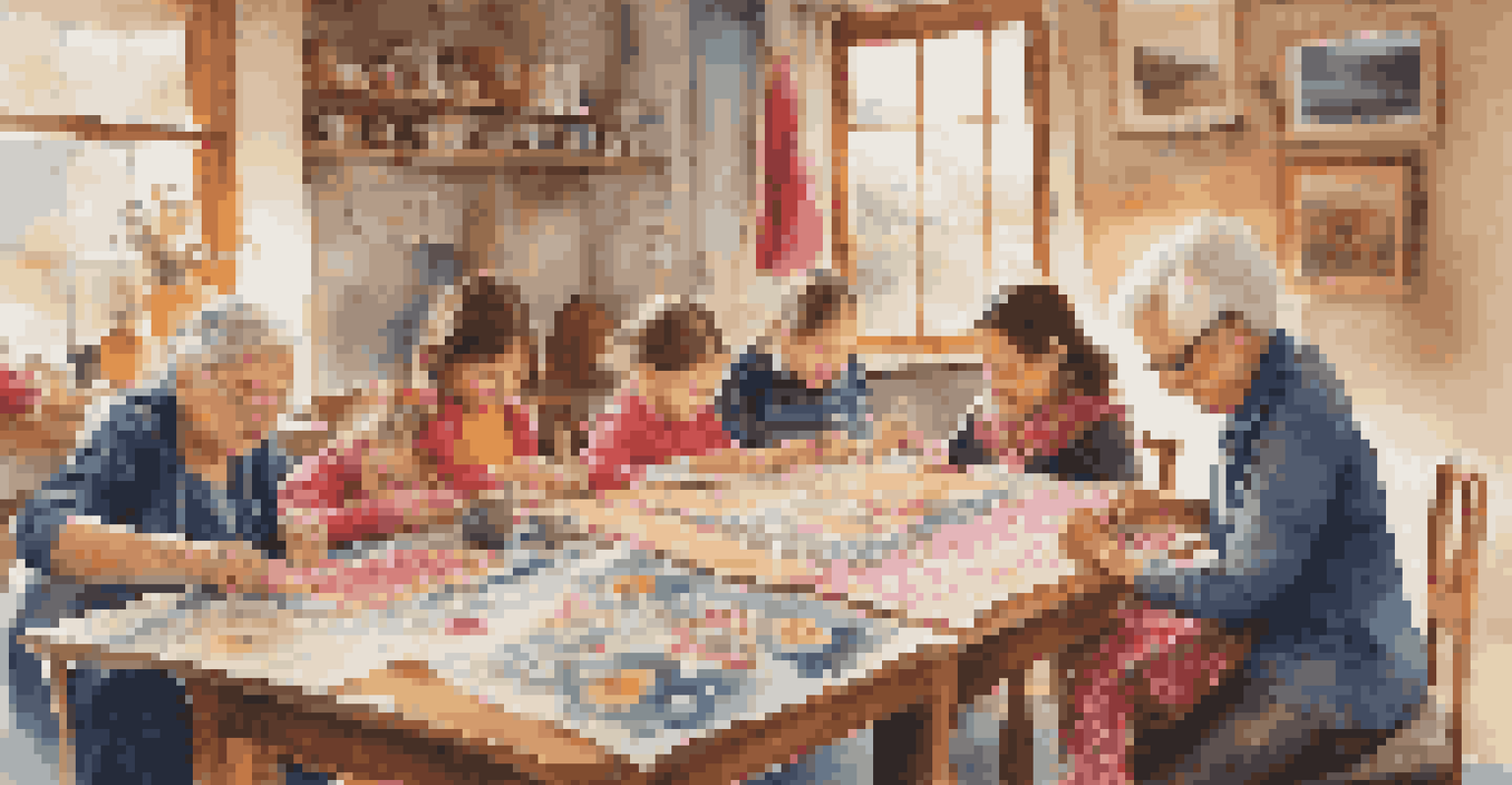 A heartwarming scene of children learning stitching techniques from their grandparents in a cozy workshop filled with colorful fabrics.