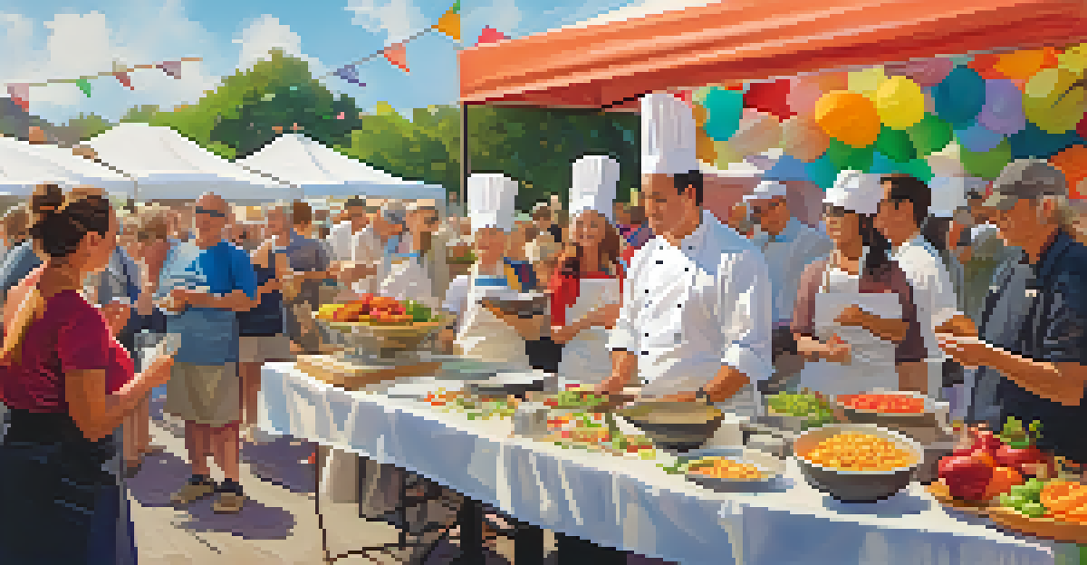 A chef conducting a cooking demonstration with healthy ingredients, surrounded by attendees enjoying the vibrant festival atmosphere.
