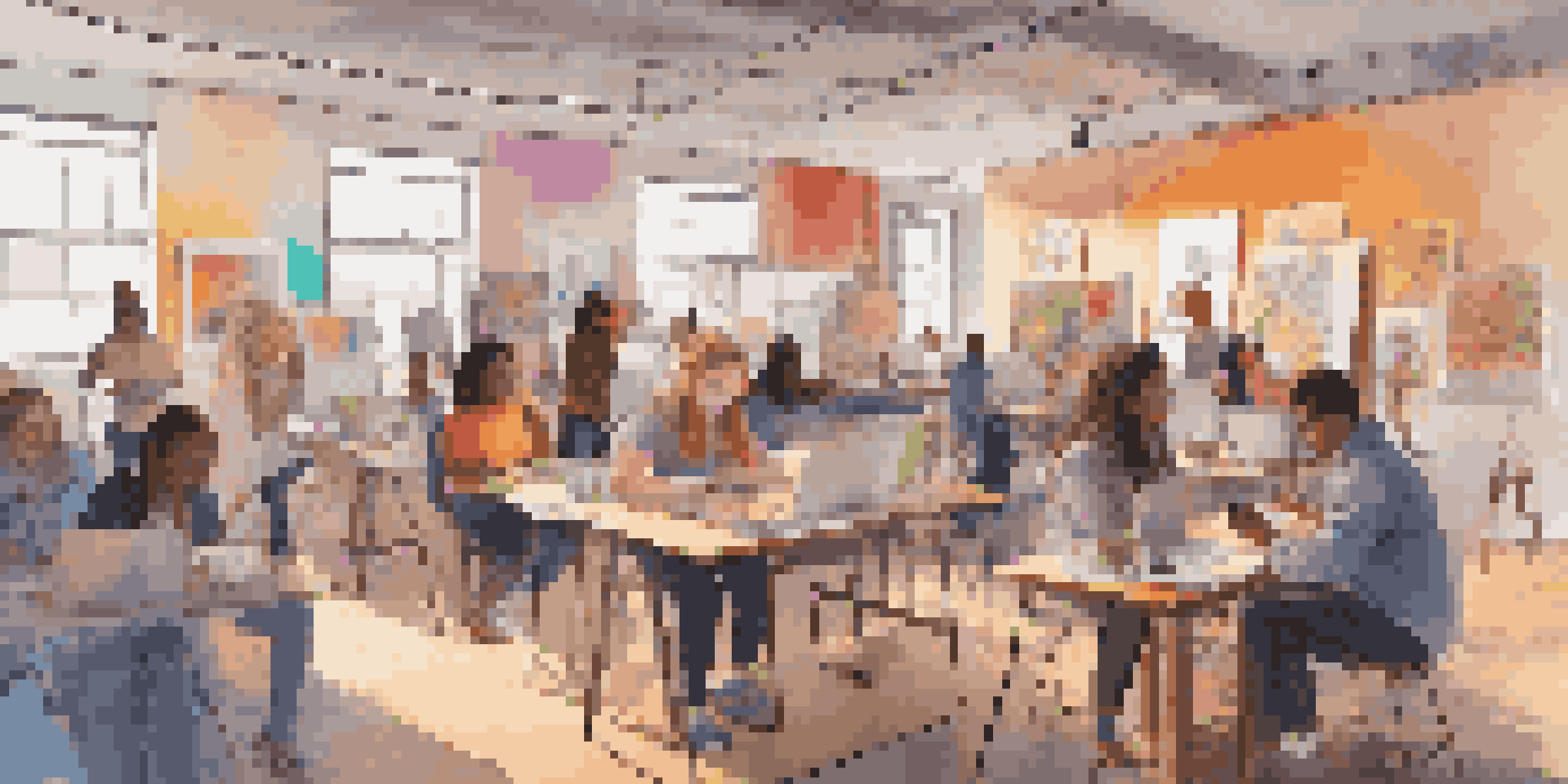 A group of diverse students collaborating on art in a virtual environment, surrounded by colorful art supplies and sketches on screens.