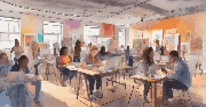 A group of diverse students collaborating on art in a virtual environment, surrounded by colorful art supplies and sketches on screens.