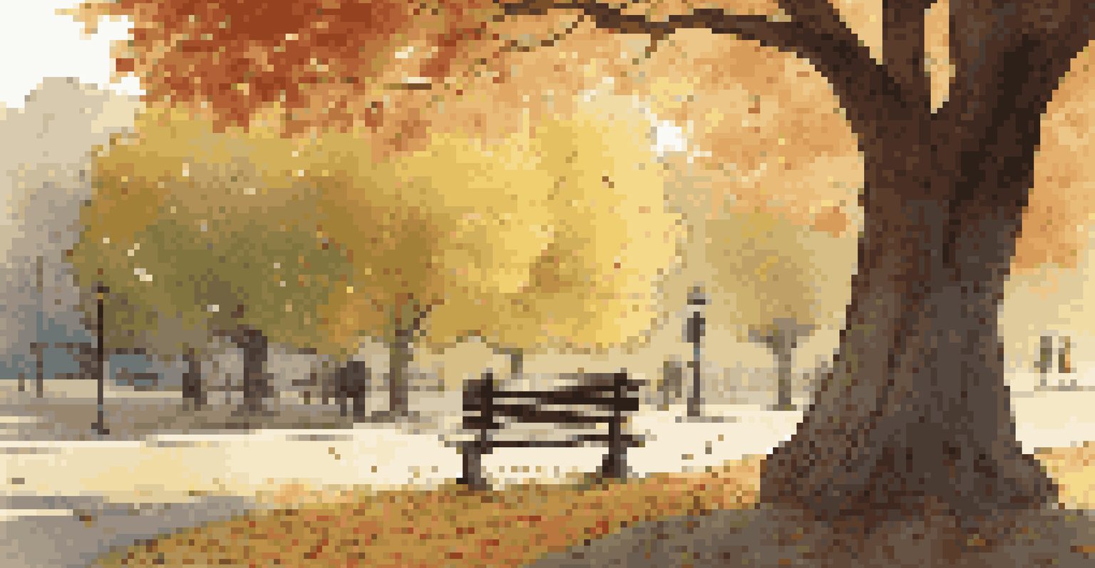 A character sitting on a park bench under a willow tree, looking at an old photograph.
