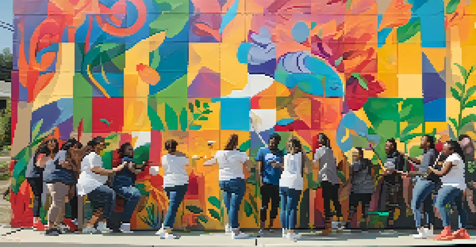 A diverse group of individuals working together on a community mural, showcasing themes of hope and resilience, with bright colors and a lively atmosphere.