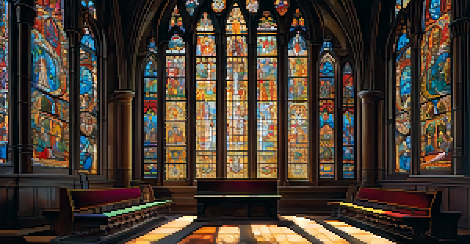 A beautiful stained glass window inside a Gothic church, casting colorful light on the interior and depicting biblical scenes.