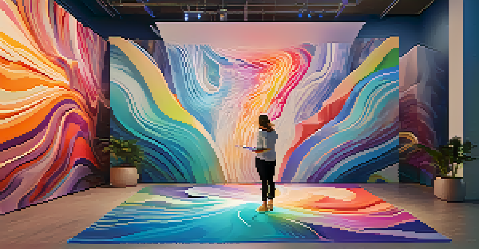 A user in a VR environment creating a colorful 3D sculpture, surrounded by abstract art and dynamic colors, representing creativity in therapy.