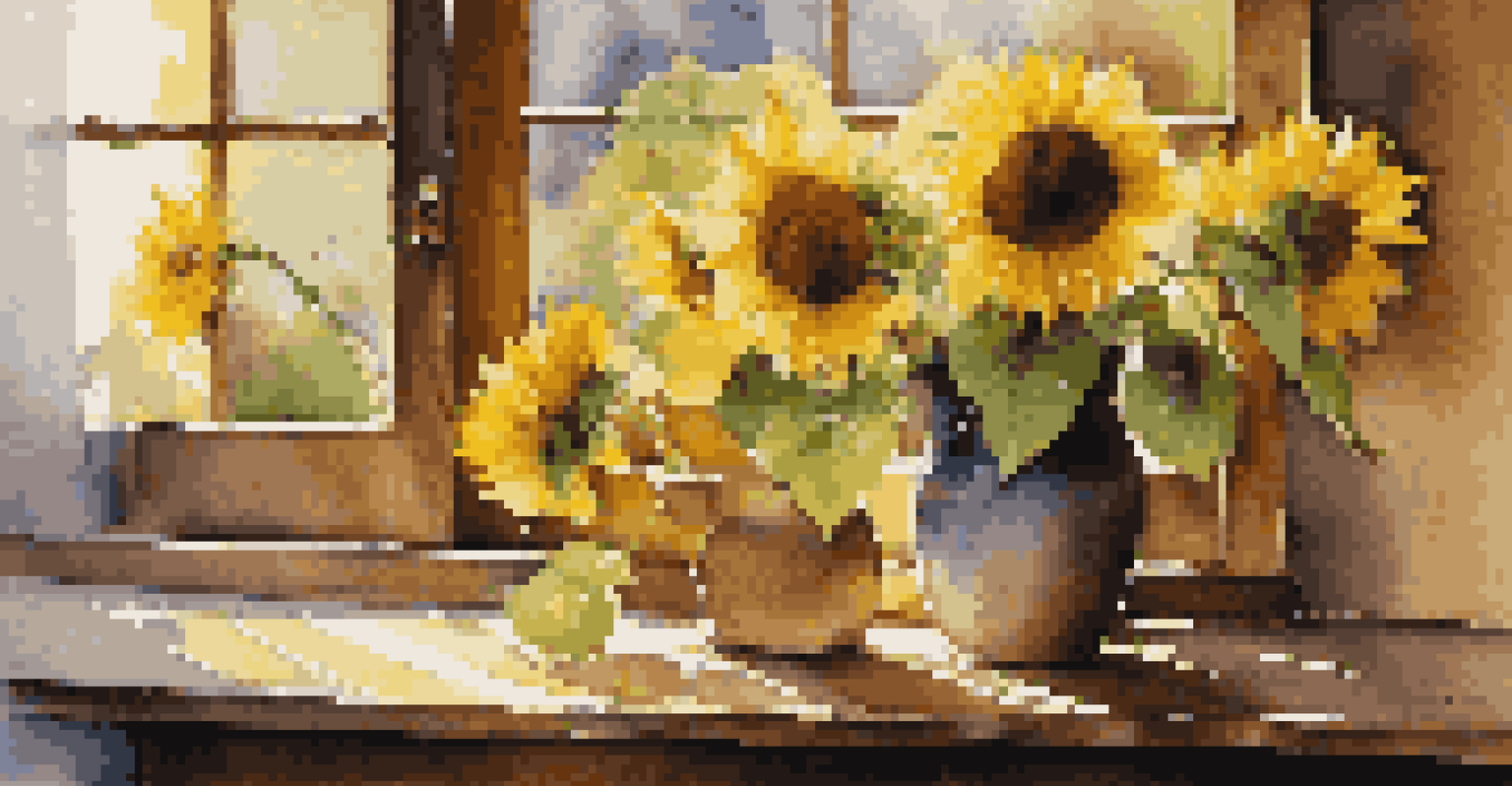 Bright yellow sunflowers in a rustic vase on a wooden table, bathed in warm sunlight.