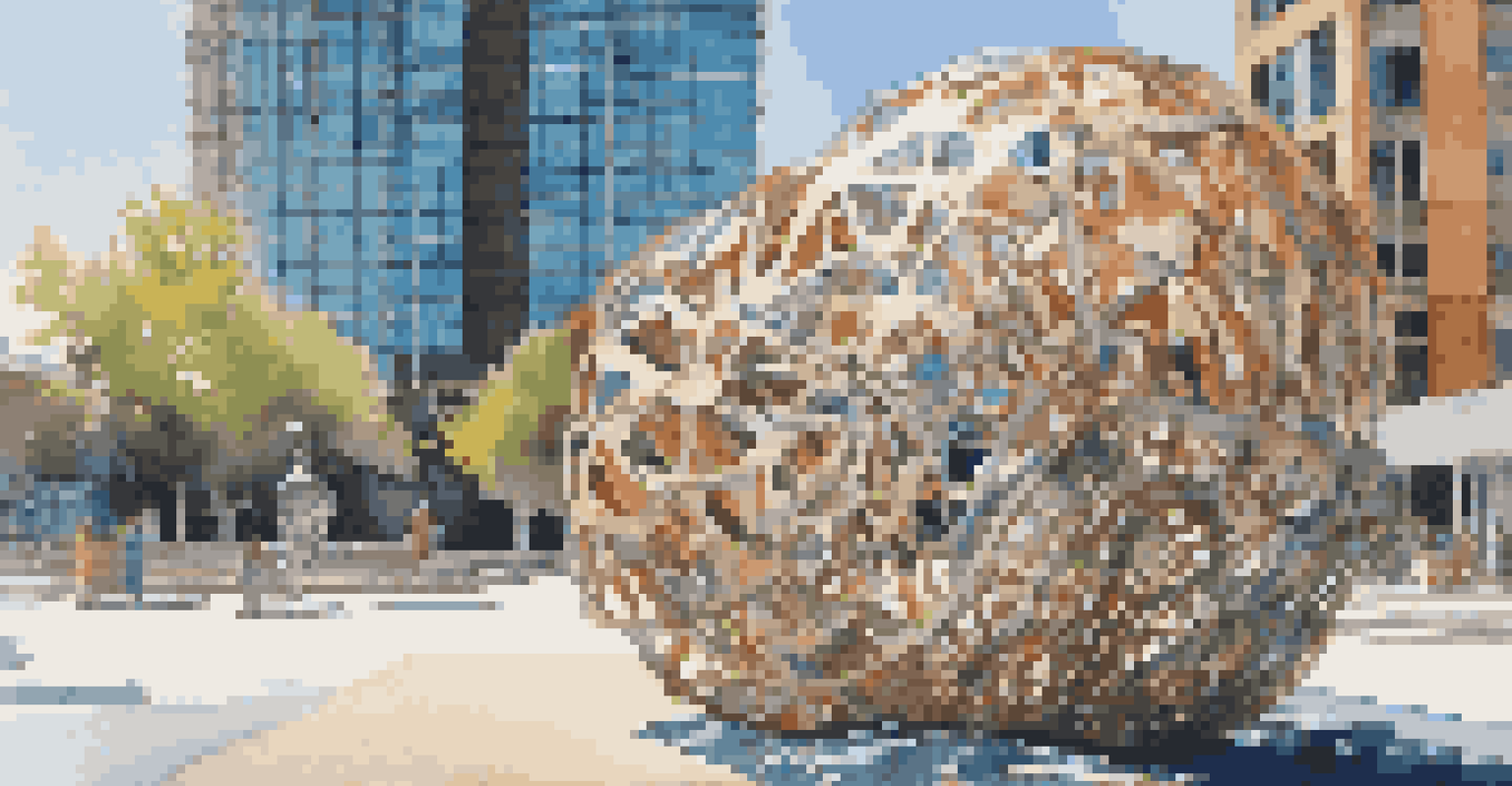 A close-up view of a recycled material sculpture in front of a modern building, illuminated by sunlight, with a blue sky.