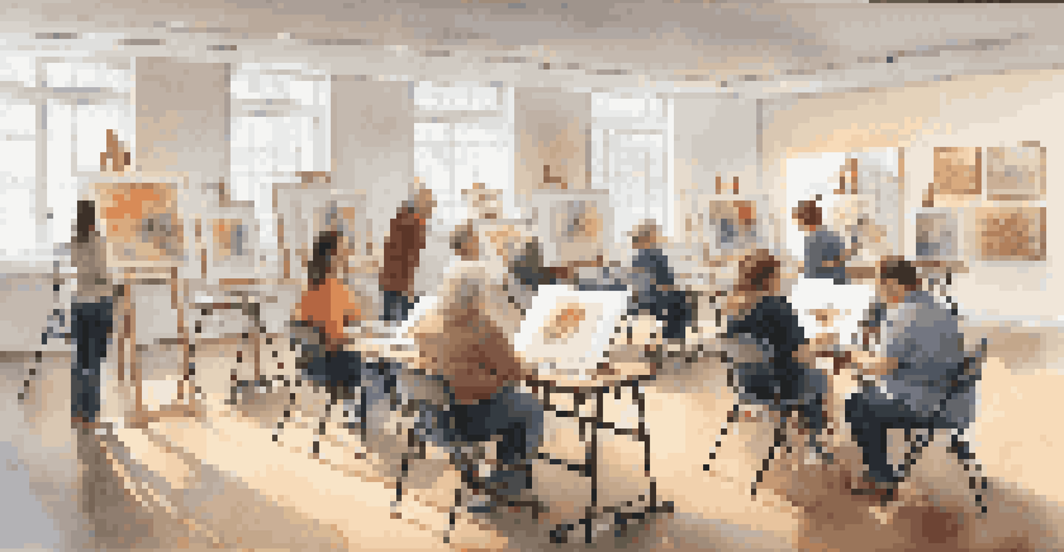 An inclusive art workshop with adaptive tools and a quiet zone, showcasing individuals of various abilities happily engaging in creative activities in a spacious and well-lit room.