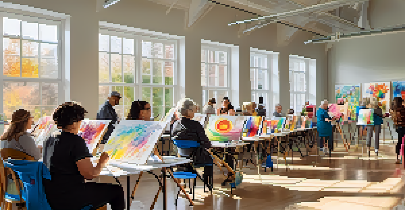 A community art class in a bright studio with diverse individuals painting on canvases, surrounded by colorful artworks and adaptive tools.
