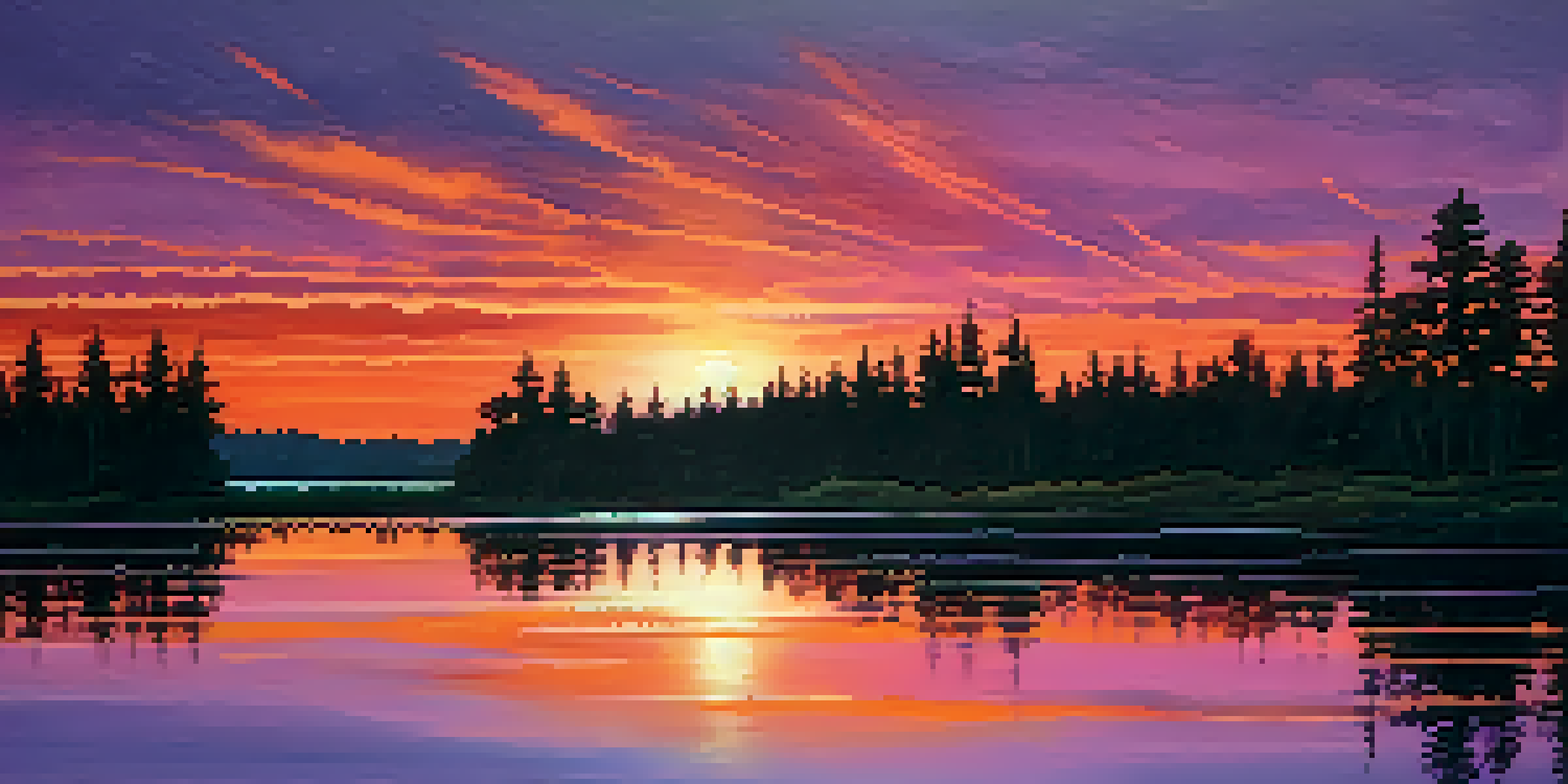 A tranquil sunset over a lake, with colorful reflections and silhouetted trees.