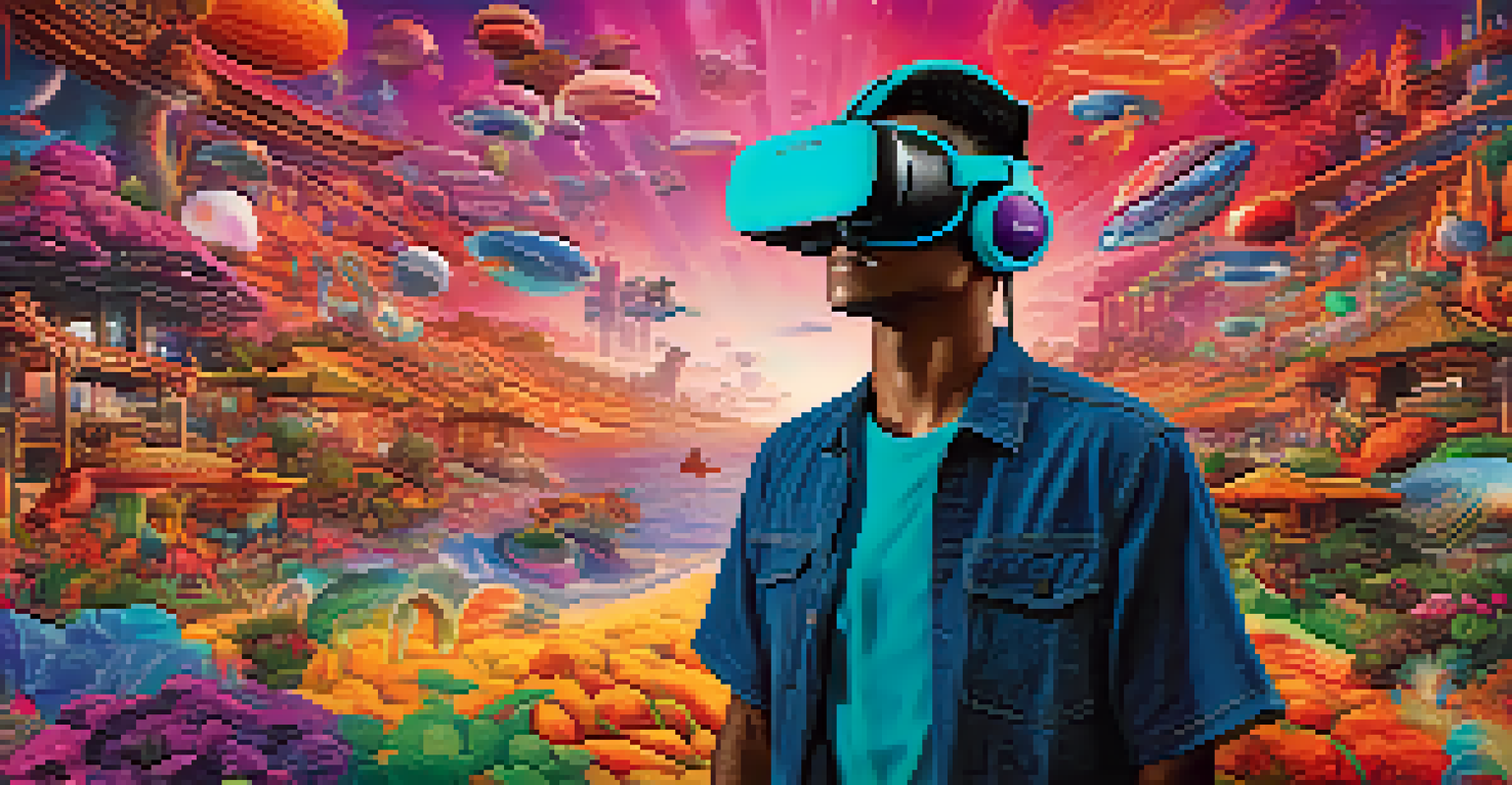A person in virtual reality goggles experiencing a colorful digital storytelling environment.